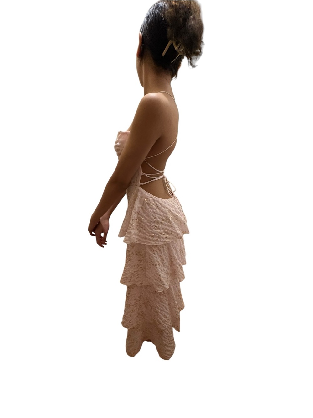 Lucy in the Sky Blush Metallic Floral Tiered Lace Up Back Maxi Dress Small - Picture 5 of 10